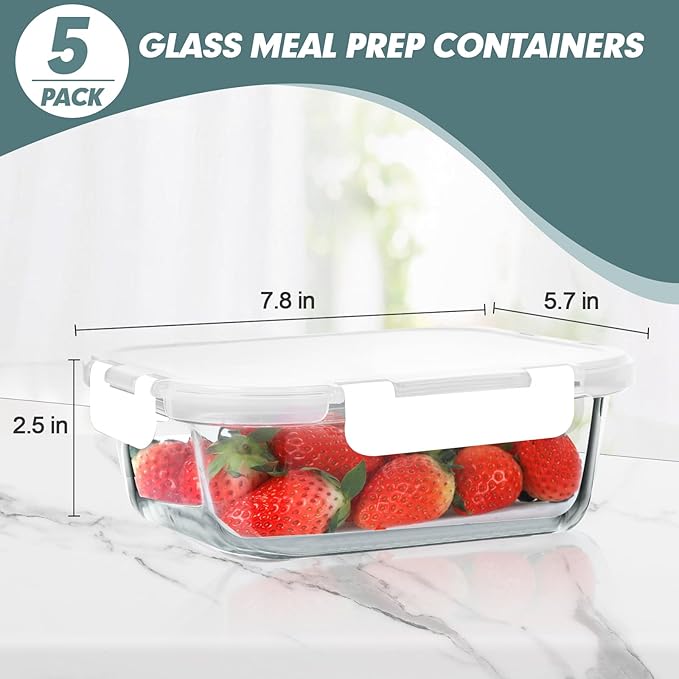 KOMUEE 30 oz 5 Pack Glass Meal Prep Containers, Glass Storage Containers with Lids - Dishwahser, Microwave, Oven and Freezer Safe, White