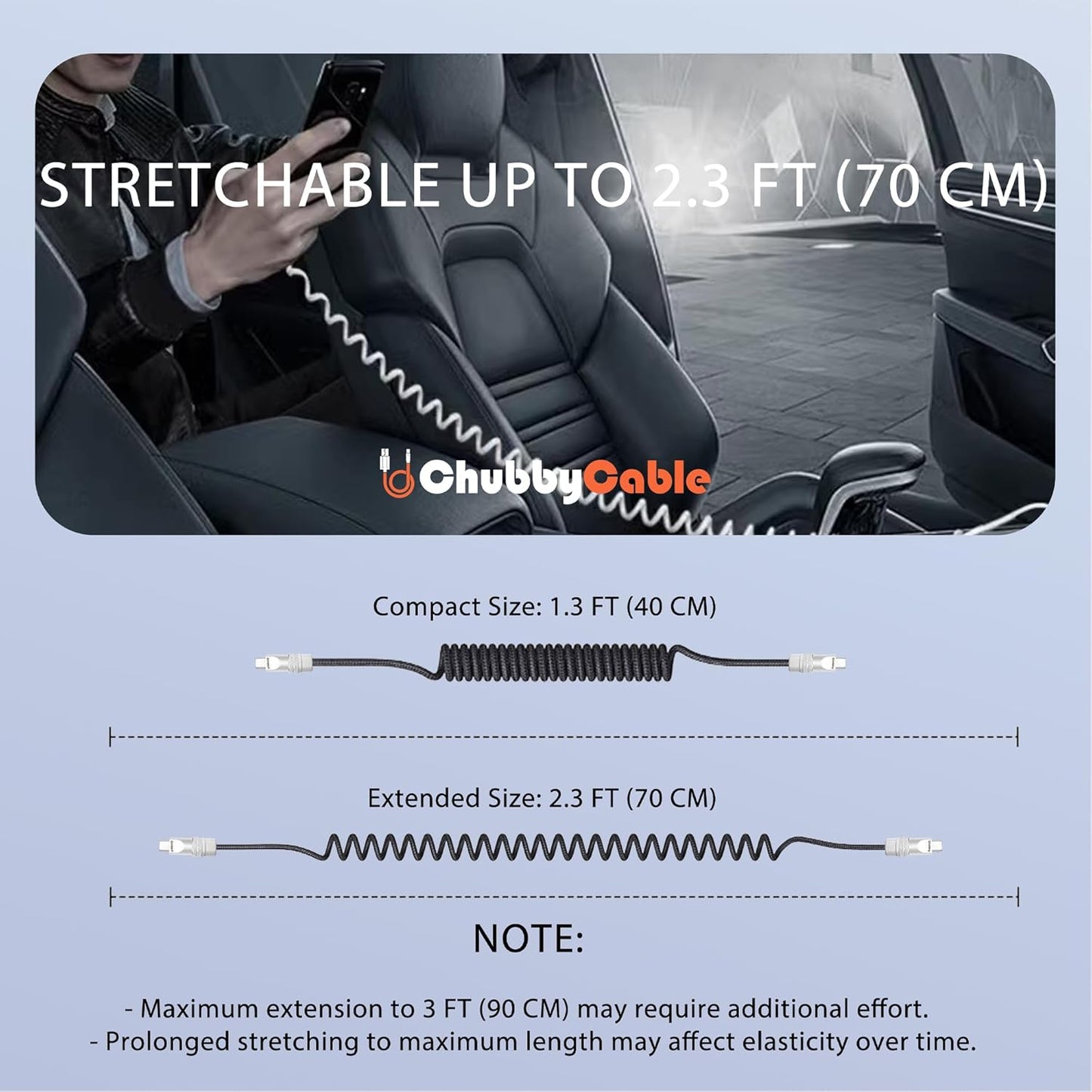 chubbycable Curly Chubby - Retractable Fast Charging Cable 240W Coiled Charger Cord for Car Durable USB-C Cable for Phones, Tablets and More, Purple+Purple, USB-A to Type-C, 1.3FT-2.3FT