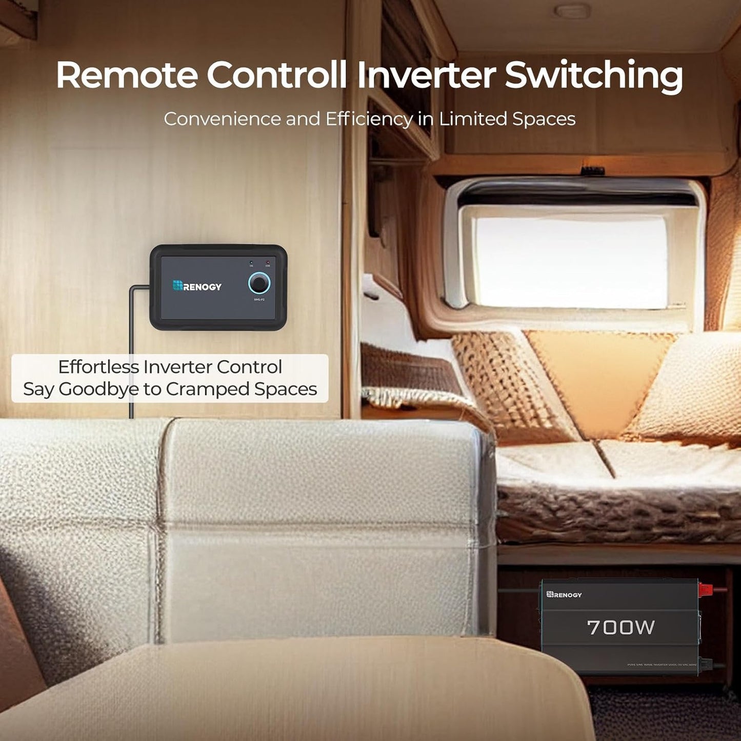 Renogy Inverter P2 700W Pure Sine Wave Inverter 12V DC to 120V AC, Off-Grid Solar Power Converter for Home, RV, Truck, Camping, with Built-in 5V/2.1A USB Port, AC Hardwire Port, Remote Controller