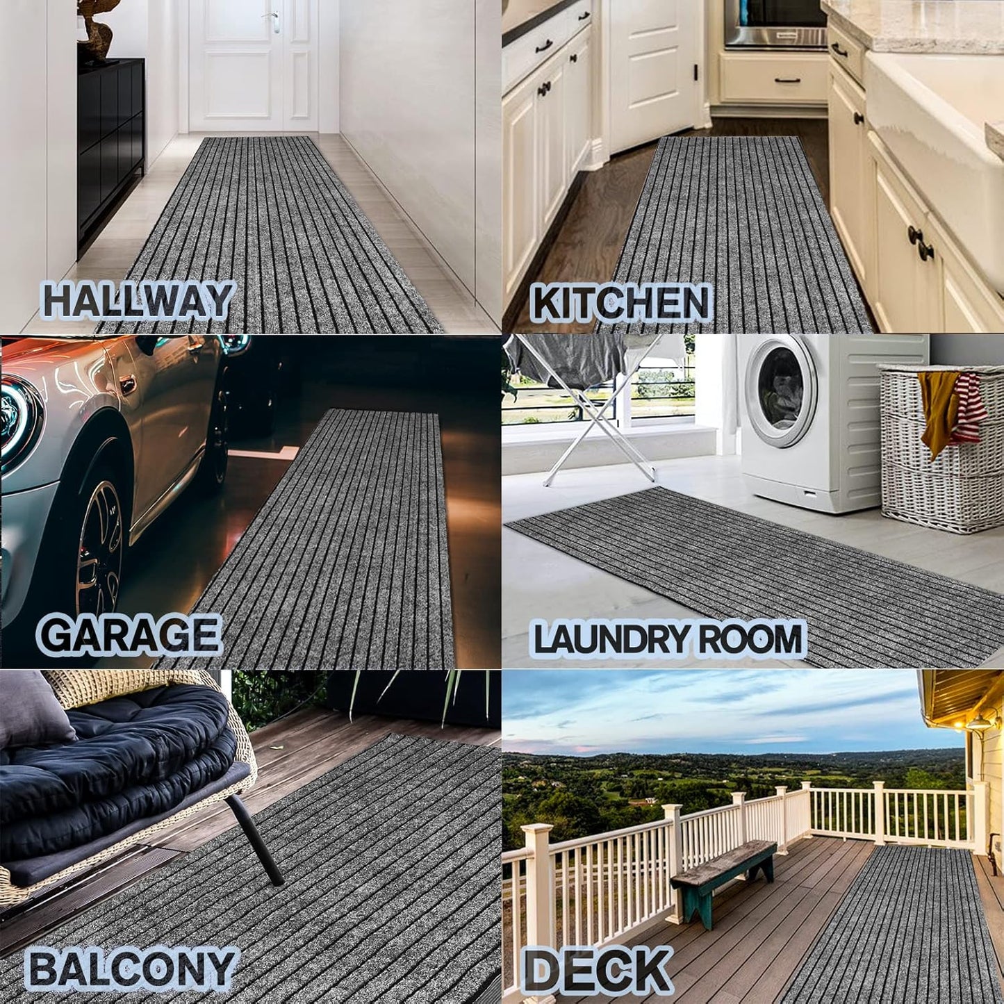 Custom Size Backed Non-Slip Area Rugs Runner, Easy Clean, Waterproof Runner Rugs for Hallway Entryway, Kitchen, Laundry, 2FT x 14FT, Gray Stripe