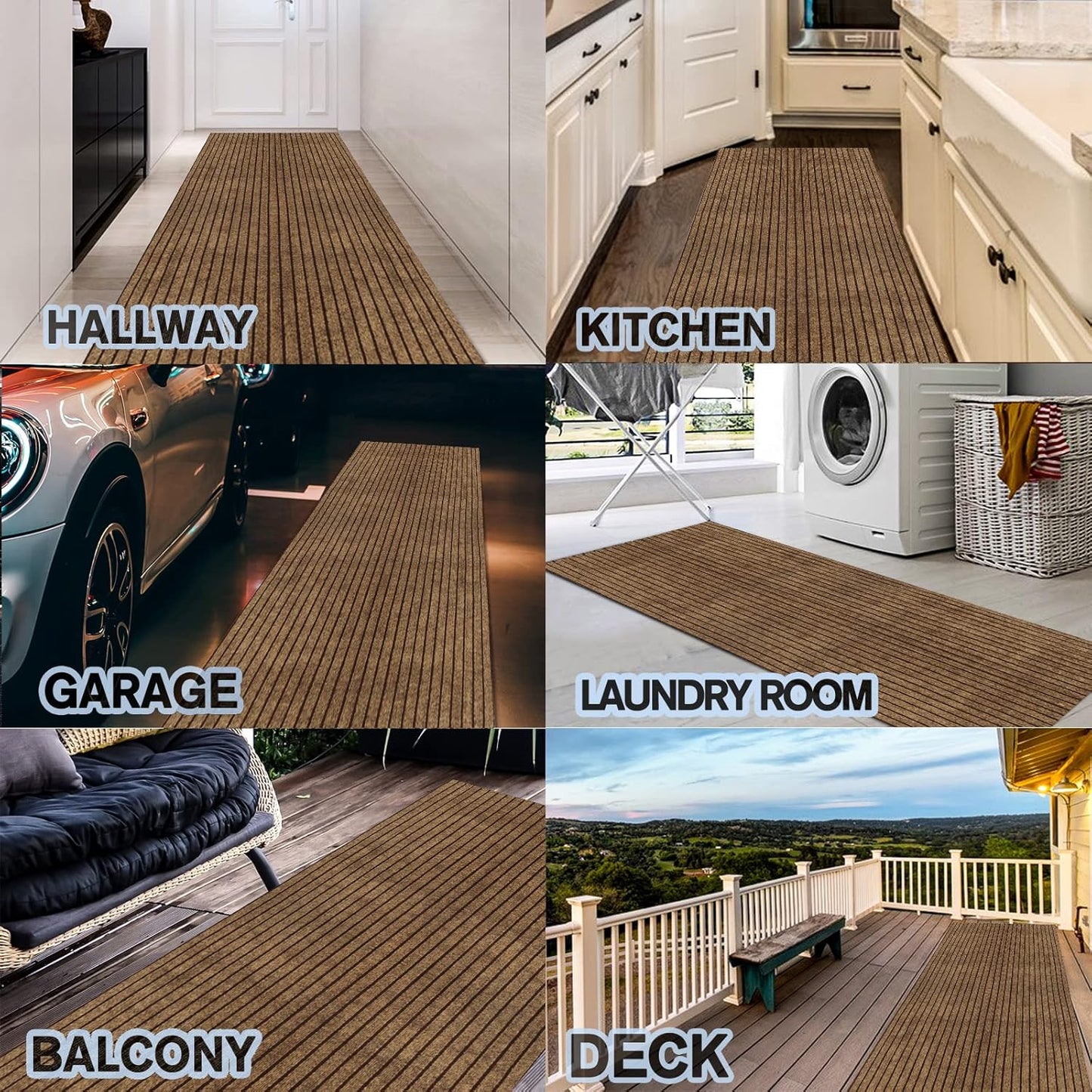 Custom Size Backed Non-Slip Area Rugs Runner, Easy Clean, Waterproof Runner Rugs for Hallway Entryway, Kitchen, Laundry, 2FT x 33FT, Brown Stripe
