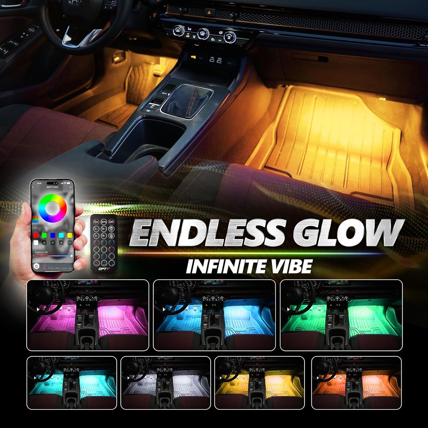 OPT7 Aura Pro 6PC Interior Lights for Truck SUV RV with App & Remote Control, Multicolor Mode, Music Sync Neon Accent Lighting Kit, Under Dash Decor, 12V Car Charger, Single Row LED Strip