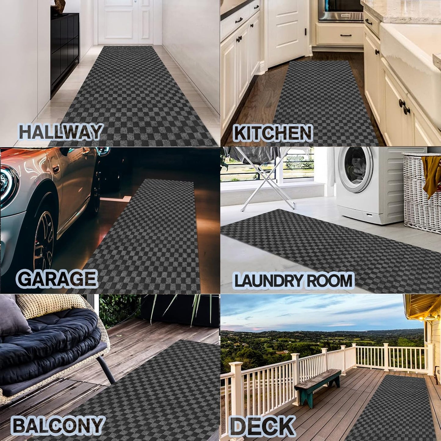 Custom Size Backed Non-Slip Area Rugs Runner, Easy Clean, Waterproof Runner Rugs for Hallway Entryway, Kitchen, Laundry, 2FT x 55FT, Gray Checkered