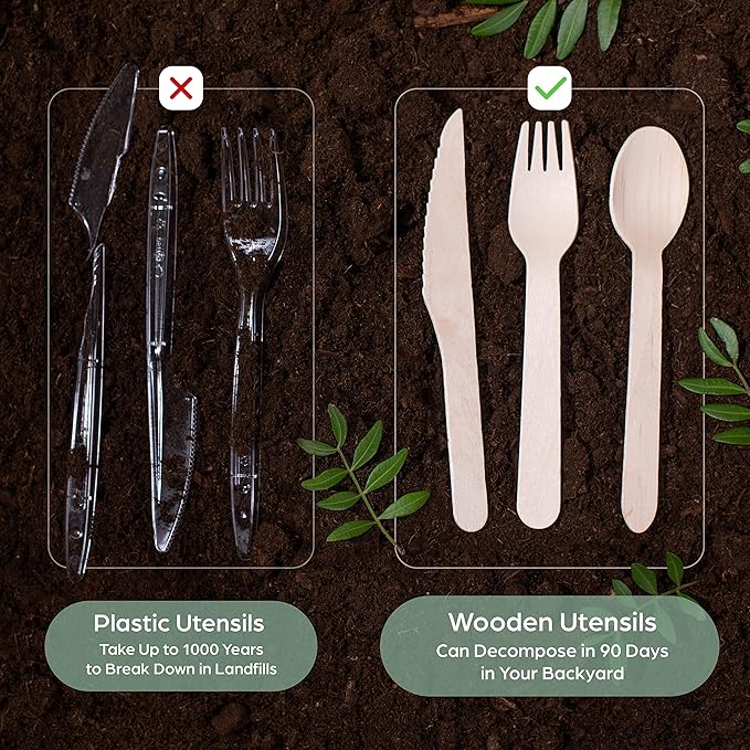 PURPLECLAY Disposable Wooden Utensils 300 PCS (100 Sets) Cutlery Wrapped with Fork, Spoon, Knife, Napkin