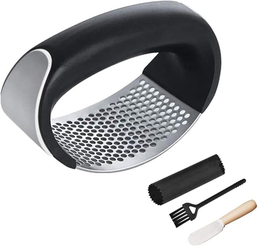 Stainless Steel Garlic Smash, Press Rocker Mincer/ Crusher/ Chopper with Peeler and Scraper Brush