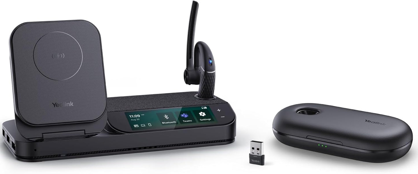 Yealink BH71 Bluetooth Headset Workstation, Office Wireless Headset with Noise Canceling Mic, Speakerphone, Wireless Charging Pad, Charging Case, Connect to Desk Phone, PC, Work with Teams Zoom