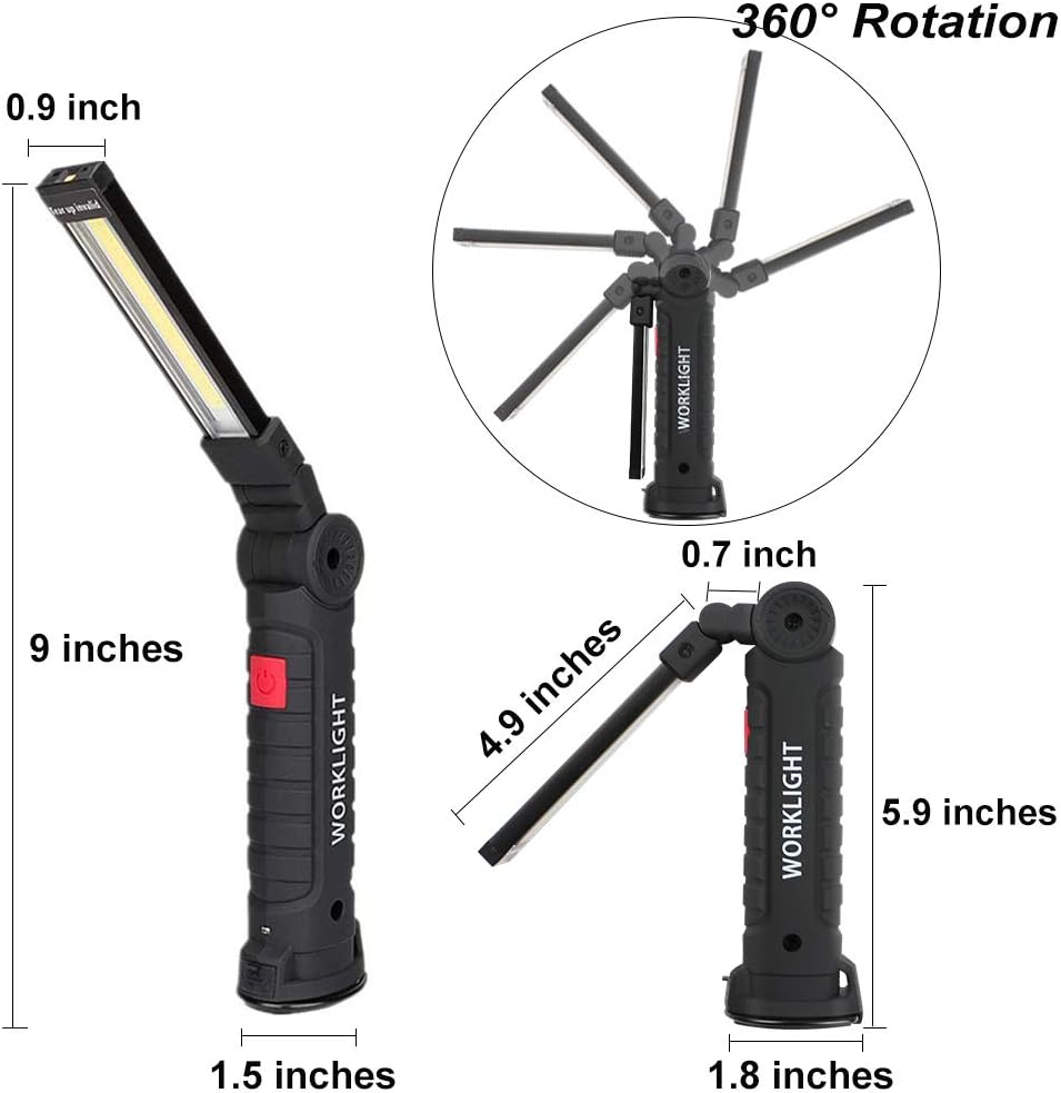 Lebote LED Work Light,COB Rechargeable Work Light with Magnetic Base 360°Rotate and 5 Ligting Modes Portable Work Light Inspection Light for Car Repair, Household and Emergency Use (4 PCS,Large)