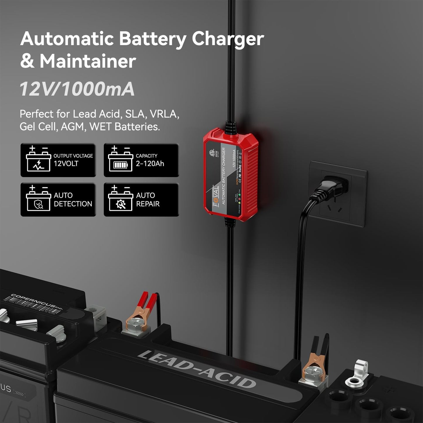 [2-Pack] FOVAL Fully Automatic Trickle Charger, 1000mA 12V Smart car Battery Charger, Battery Maintainer, Float Charger for Motorcycle Car Lawn Mower Boat SLA ATV Wet Gel Cell Lead Acid Batteries