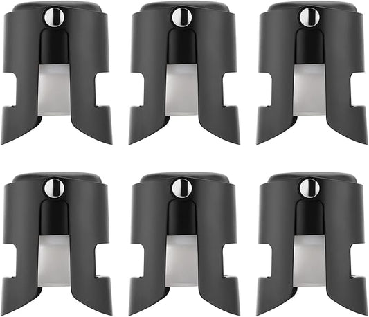 Champagne Sealer Stopper 6 Pack Stainless Steel Sparkling Wine Bottle Stoppers，Leak-Proof Bubble Retaining Saver，Suitable for Champagne Prosecco Cava and Sparkling (Black)