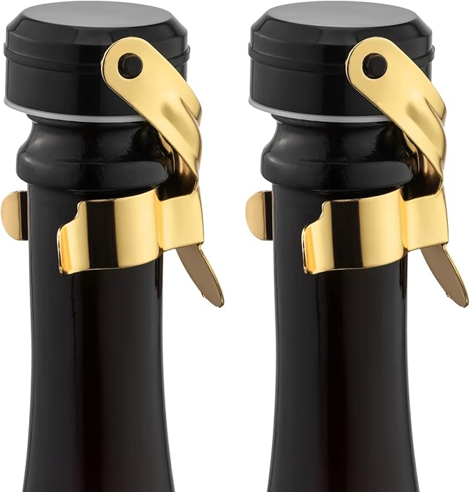 WOTOR Champagne&Wine Bottle Stoppers Stainless Steel with Food Grade Silicone, Leak Proof Keep Fresh Reusable Saver, Cork Suitable for Wine, Champagne, Cava, Prosecco and Sparkling (2 Pack Gold