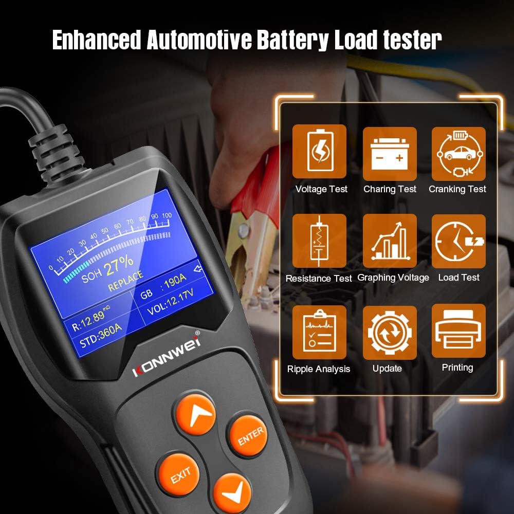 KONNWEI KW600 Car Battery Tester 12V Professional 100-2000 CCA Automotive Battery Load Analyzer and Alternator Tester Waveform Voltage Test for Car/Boat/Motorcycle…
