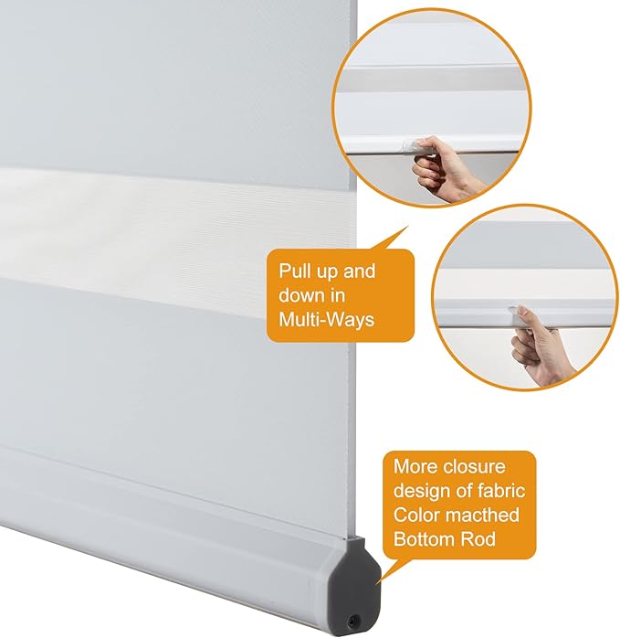 Persilux Zebra Blinds for Windows, Cordless Roller Blinds (16" W x 47" H, White) Light Filtering Sheer Window Treatments, Light Control for Day and Night, Room Darkening Roller Shades for Windows