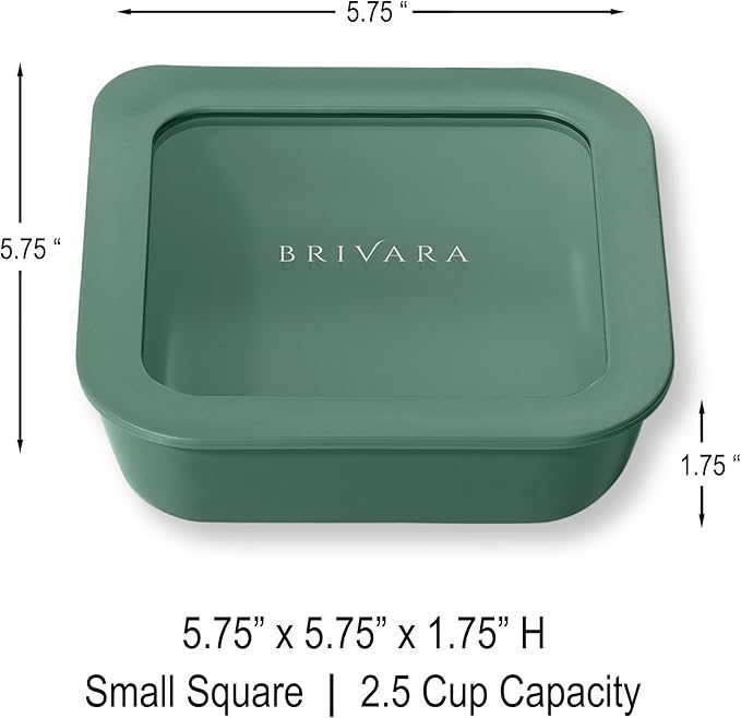 Ceramic Coated Glass Food Storage Container | No PTFE, PFOA, PFAS, and BPA | Reusable Non Toxic Meal Prep Container with Glass Lid | Easy To Store | 2.5 Cup Square [Pine]