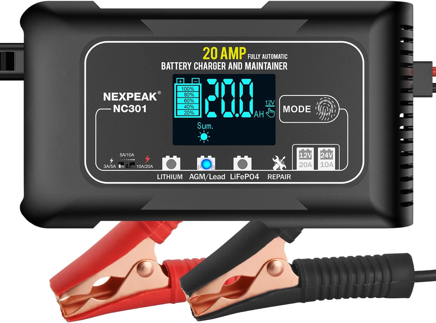 NEXPEAK NC301 20-Amp Car Battery Charger, 12V and 24V Smart Fully Automatic LiFePO4 Battery Charger Maintainer Trickle Charger w/Temp Compensation for Car Truck Boat Lead Acid Lithium Batteries