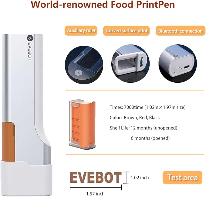 EVEBOT Handheld Food PrintPen, Portable Mini Latte Art & Dessert Decorator for Coffee, Macarons, Cookies - Bluetooth 4.2, Brown, Black, Red, Matcha 4PCS