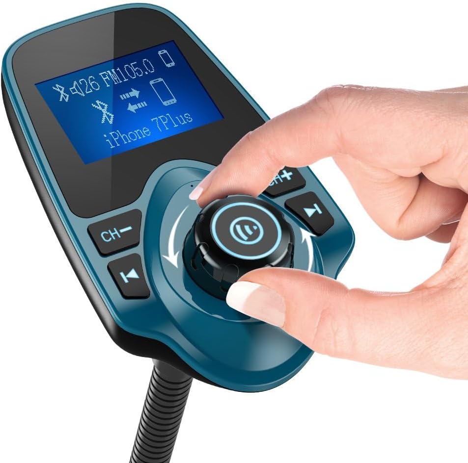 Nulaxy Bluetooth Car FM Transmitter Audio Adapter Receiver Wireless Handsfree Voltmeter Car Kit TF Card AUX 1.44 Display – KM18 Peacock Blue