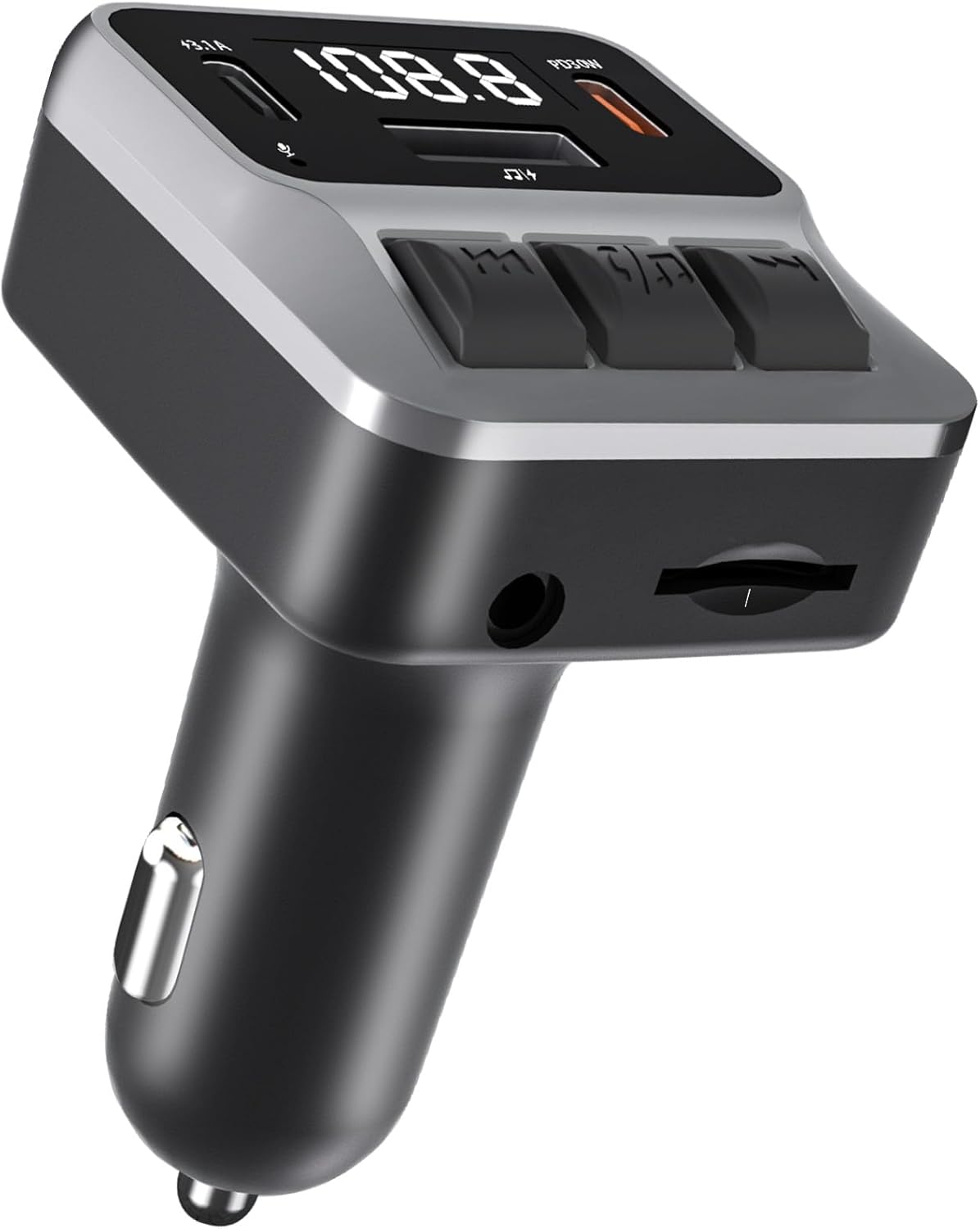 Bluetooth 5.3 FM Transmitter for Car, Bluetooth Car Adapter with Dual Type-C PD(30W) Charger Port and QC3.0 USB Port, Handsfree Calling and Audio Receiver, Support AUX, U Disk, TF Card