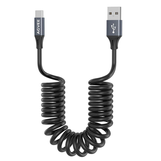 AGVEE 3ft Coiled Short USB to USB-C Charging Cable [USB-IF Certified] 3A Fast Charger Cord in Car for iPhone 16/15 CarPlay, Galaxy S25 S24 S23 S22 S21 S10 S9 S8, Google Pixel, Dark Gray