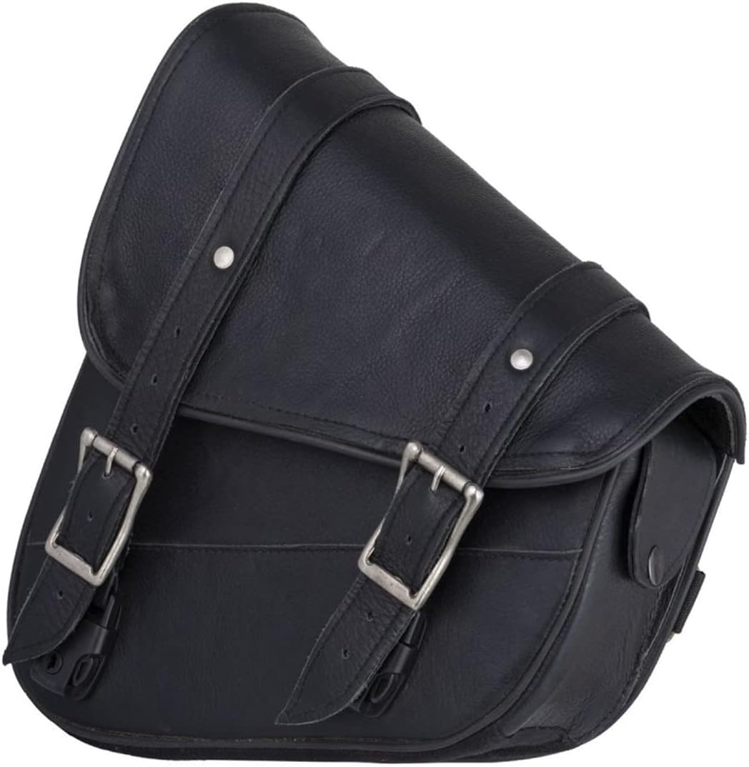 GARGOYLE BELLS Premium Naked Leather Swing Arm Bag For Motorcycle Left Side Solo Bags Saddle Bags For Softails Choppers (Style-1, Black)