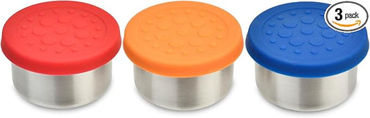 LunchBots Tiny Dips Condiment Containers - Set of 3 - Perfect Portion Cups - Spill Proof Lunch Box Sauce Container with Lid - Food Grade Stainless Steel - 1.5oz - Dishwasher Safe - Assorted Lids