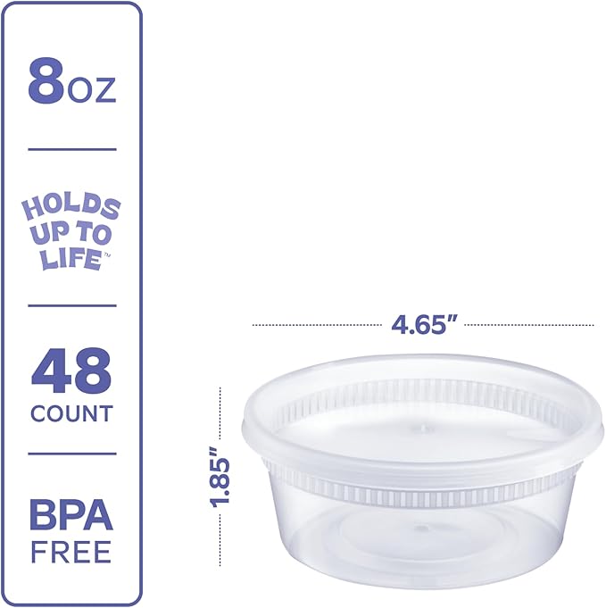 GUSTO [48 Sets - 8 oz. Plastic Deli Disposable Food Storage Containers with Airtight Lids - Slime Containers (Formerly Comfy Package)