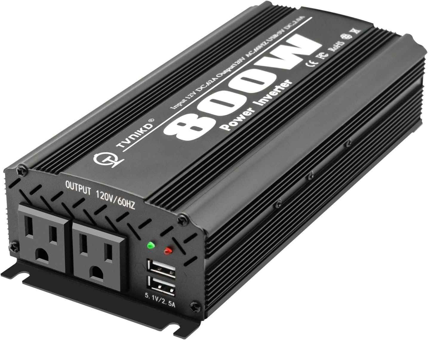 800W Power Inverter DC 12V to AC(2 Outlets) 110V Car Inverter Adapter Converter with 2.1A Dual USB Charging Ports for RV Camping Travel