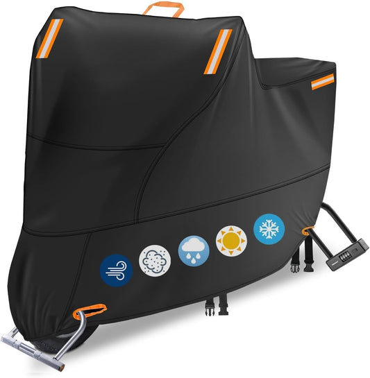 Motorcycle Covers Waterproof Outdoor Storage, Heavy Duty Motorbike Scooter Cover All Weather Protection with 4 Reflective Strips, 2 Lock-Holes, 2 Windproof Buckles (3XL: 95 x 37 x 49 inch)