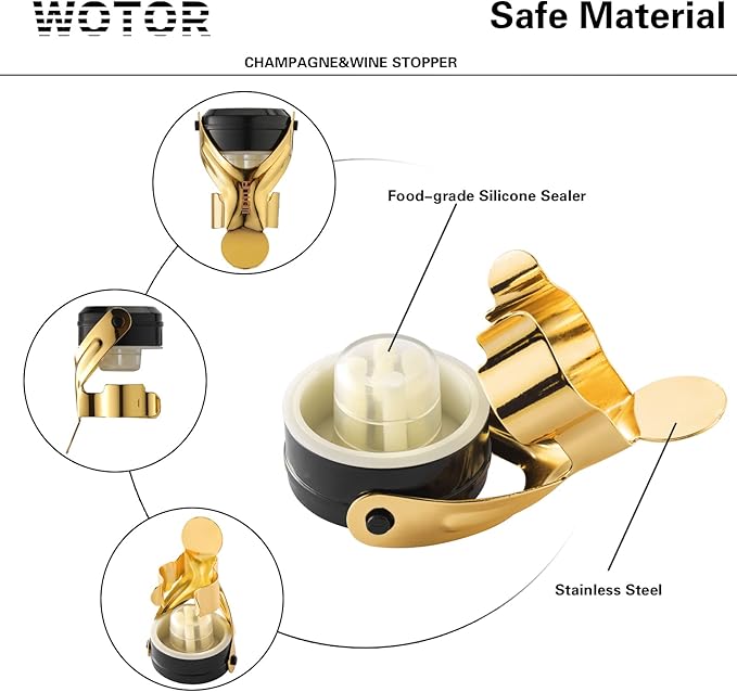 WOTOR Champagne&Wine Bottle Stoppers Stainless Steel with Food Grade Silicone, Leak Proof Keep Fresh Reusable Saver, Cork Suitable for Wine, Champagne, Cava, Prosecco and Sparkling (2 Pack Gold
