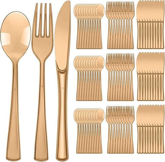 Minatee 150 Pieces Disposable Cutlery Set Plastic Silverware Heavy Duty Utensil Sets 50 Forks 50 Knives 50 Spoons for Home Office School Party Picnics Restaurant Outdoor Events(Coffee)