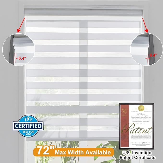 Persilux Cordless Zebra Blinds for Windows Free-Stop Roller Windows Shades (35" W X 64" H, White) Dual Layer Light Control for Day and Night, Light Filtering Sheer Shades for Home, Bedroom