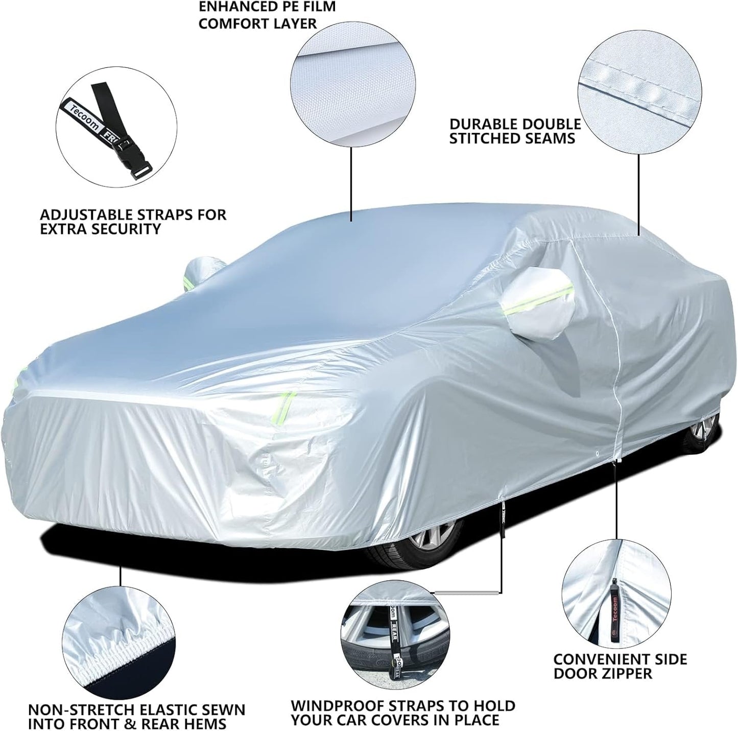 Tecoom Hard Shell Oxford Material Door Shape Zipper Design Waterproof UV-Proof Windproof Car Cover for All Weather Indoor Outdoor Fit 201-210 Inches Sedan