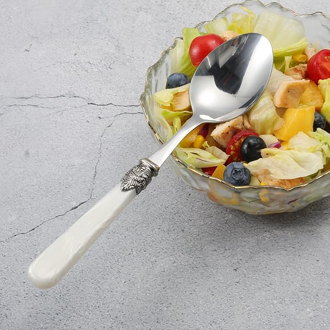 2-piece Salad Servers Stainless Steel Salad Serving Set Salad Fork and Spoon (White)