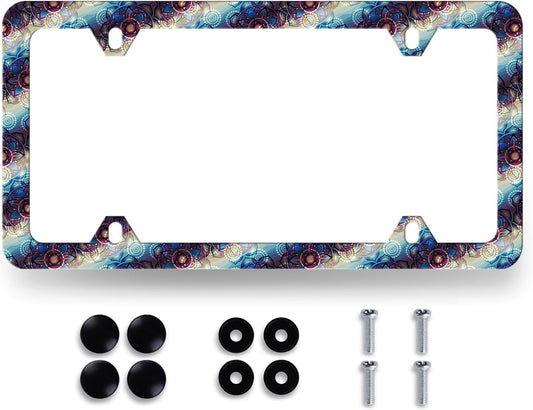 Blue Purple Mandala Flowers License Plate Frame Boho Floral License Plate Holder Colorful License Plate for Car Decoration Stainless Steel Car Accessory with Screws Men Women 12.3" x 6.3"