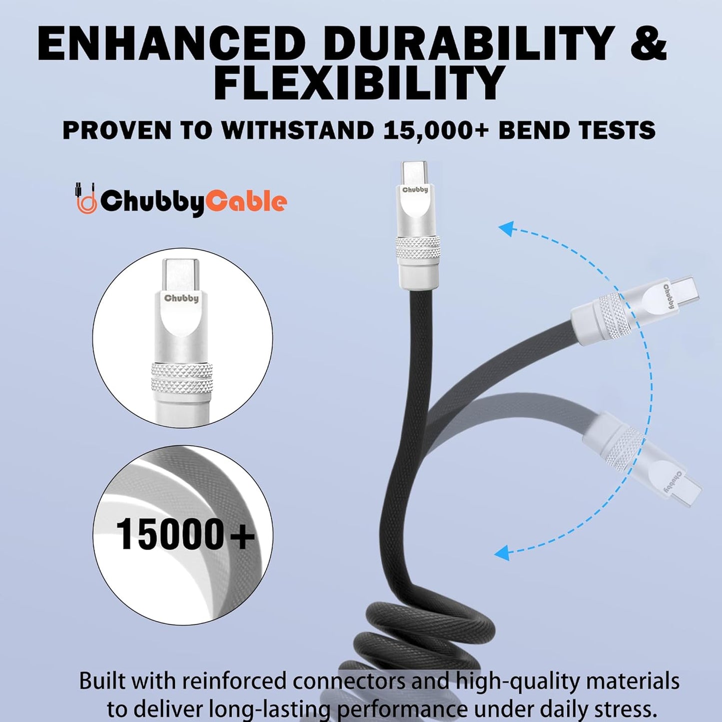 chubbycable Curly Chubby - Retractable Fast Charging Cable 240W Coiled Charger Cord for Car Durable USB-C Cable for Phones, Tablets and More, White, USB-A to Type-C, 1.3FT-2.3FT