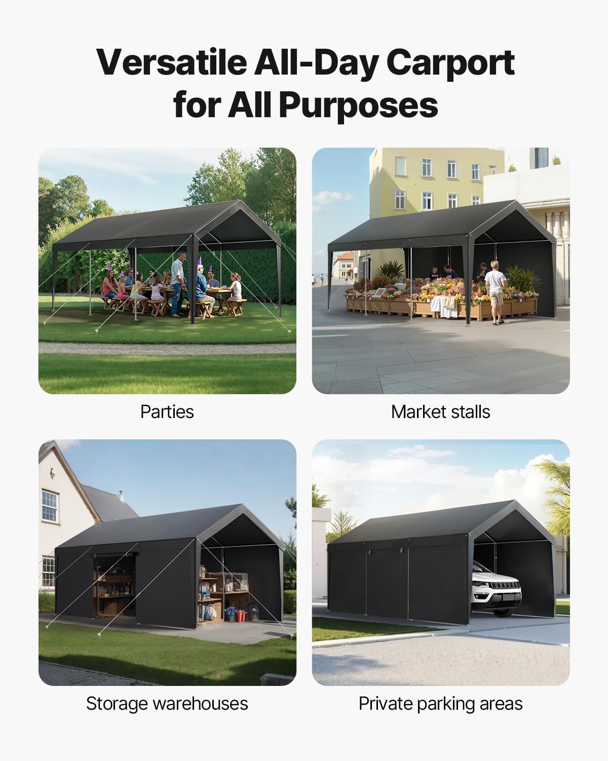 VEVOR 12x20 FT Heavy Duty Carport, Portable Car Canopy with Removable Sidewalls and Door, Outdoor Car Shelter, UV-Resistant, Water-Resistant, All-Season Car Shelter for Cars, Boats, and Equipment