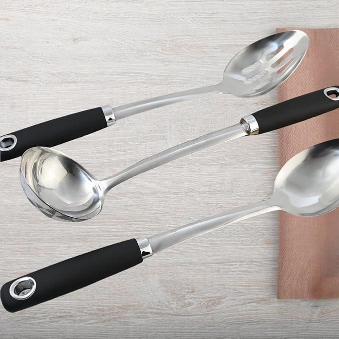 3-Piece Stainless Steel Cooking Utensils Set, Heavy Duty 18/0 14-in Large Serving Spoons Set, Slotted Spoon, Cooking Spoon & Soup Ladle, Kitchen Cooking Serving Utensils Set