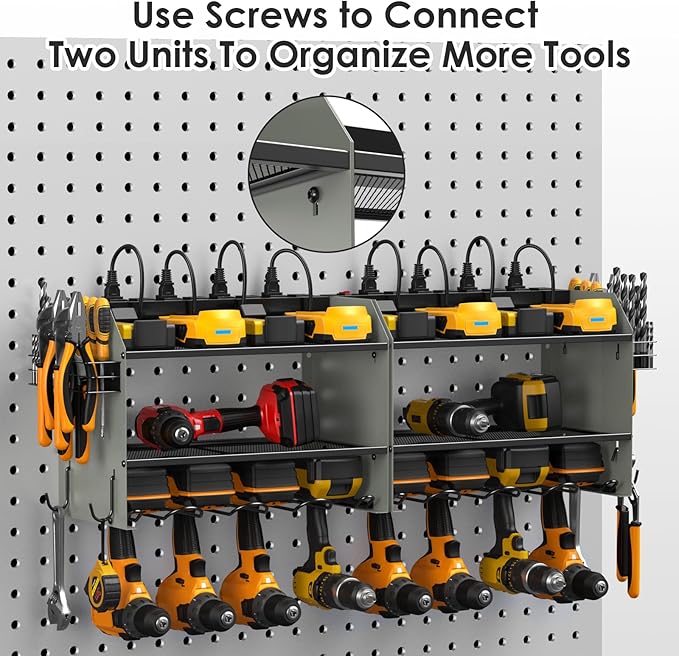 CCCEI Modular Power Tool Organizer Wall Mount with Charging Station. Garage Drill Storage Shelf with Hooks, Heavy Duty Rack, Tool Battery Holder Built in 8 Outlet. Gift for Men. Grey, 1 Pack.