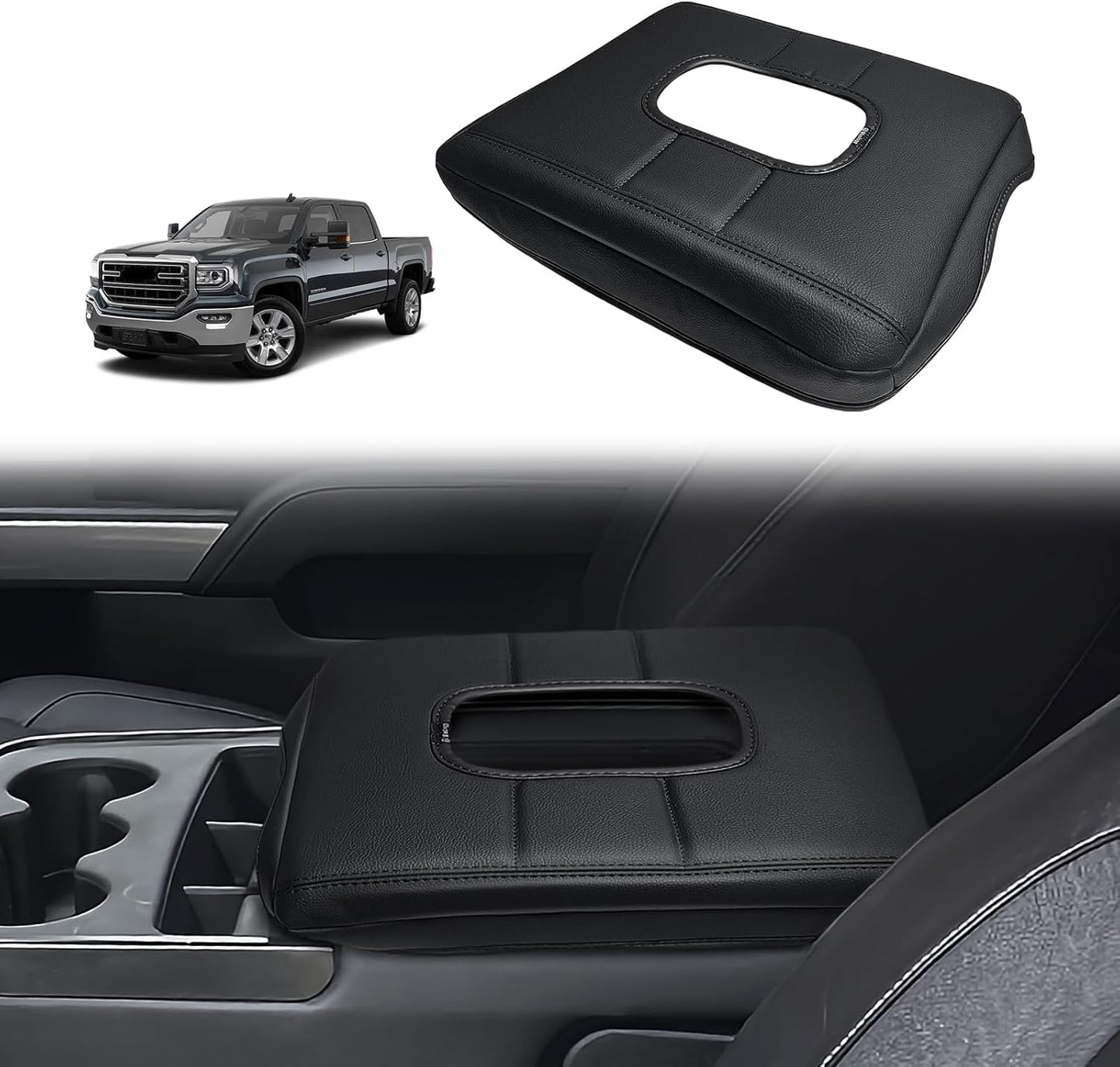 Muslogy Center Console Armrest Cover Compatible with Chevy Silverado & GMC Sierra 2014-2018 Comfort Armrest Pad Arm Rest Cushion Vegan Leather Protector Regular Thick(Jump Seat ONLY)