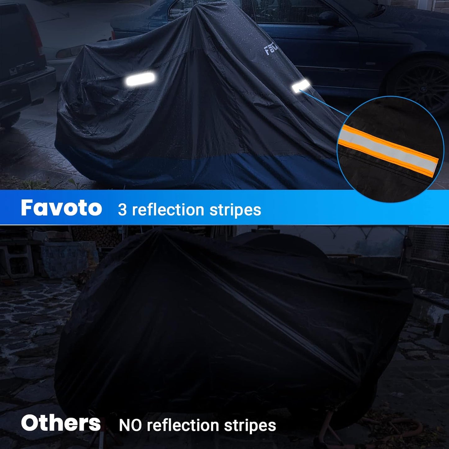 Favoto Motorcycle Cover 96.5 inches Length All Season Universal Weather Waterproof Rain Sun Outdoor Protection Night Reflector with Lock-Holes & Storage Bag Motorbike Vehicle Cover