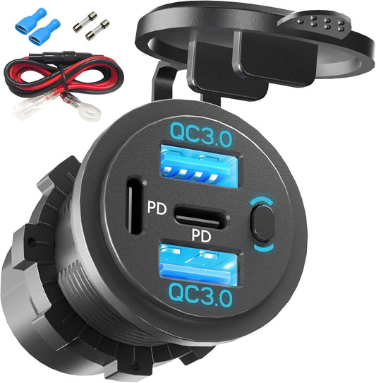 Dual PD USB C Ports & Dual USB Quick Charge 3.0 Ports 12V USB Outlet with Switch, VANONE Waterproof and Dustproof Car Charger Socket, Accessories for Car Boat Marine Motorcycle RV ATV Golf Cart, etc