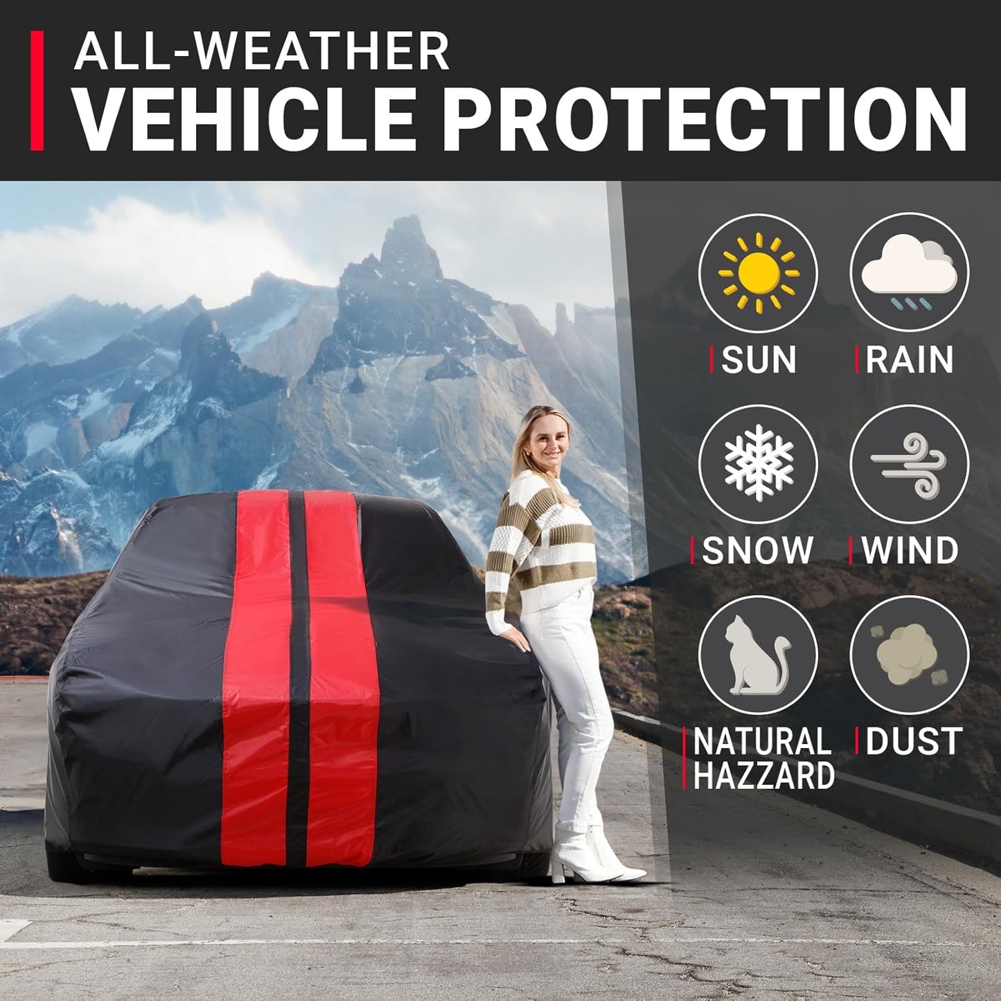 iCarCover Custom Car Cover for Pontiac Catalina Safari Wagon (1959-1981) Waterproof All-Weather Rain Snow UV Sun Protector Full Exterior Indoor Outdoor Car Cover (Stripe - Black/Red)