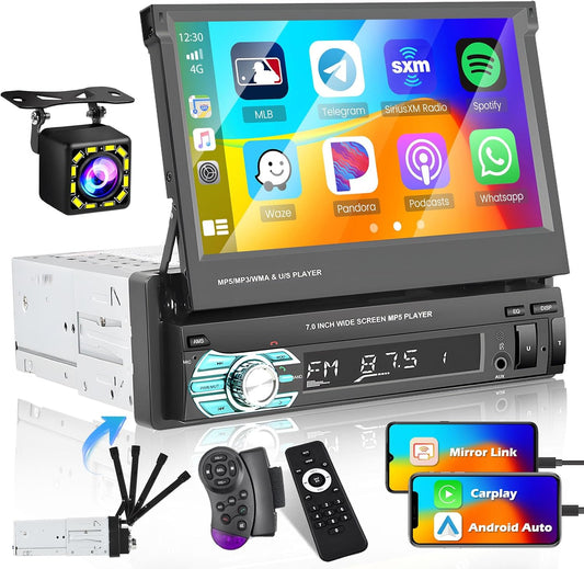 (Stable) Hikity Carplay Single Din Car Stereo, 7 Inch Flip Out Touch Screen Car Radio with Android Auto, Bluetooth, Mirror Link, Backup Camera, FM, USB, SWC, Voice Control Split Screen
