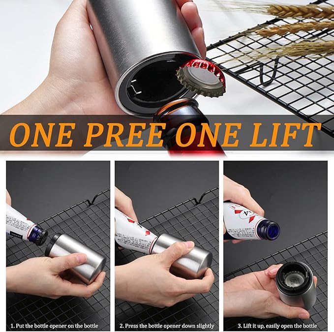 3 Pieces Automatic Magnetic Beer Bottle Opener(Stainless Steel), Portable Pop the Top Wine Bottle Cap Catcher, Quick Open, No Damage Push Down Bartender Tools for Bar, Home, Kitchen, Party, Restaurant