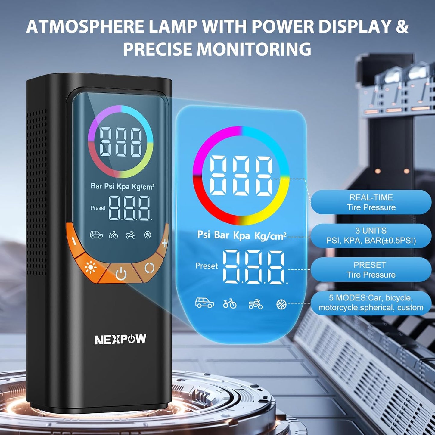 NEXPOW NP17 Portable Air Compressor, 150 PSI Digital Tire Inflator, Fast Inflation with Auto Shut-Off, LED Light, Multiple Nozzles for Car, Bike, and Ball, Compact Design, Orange