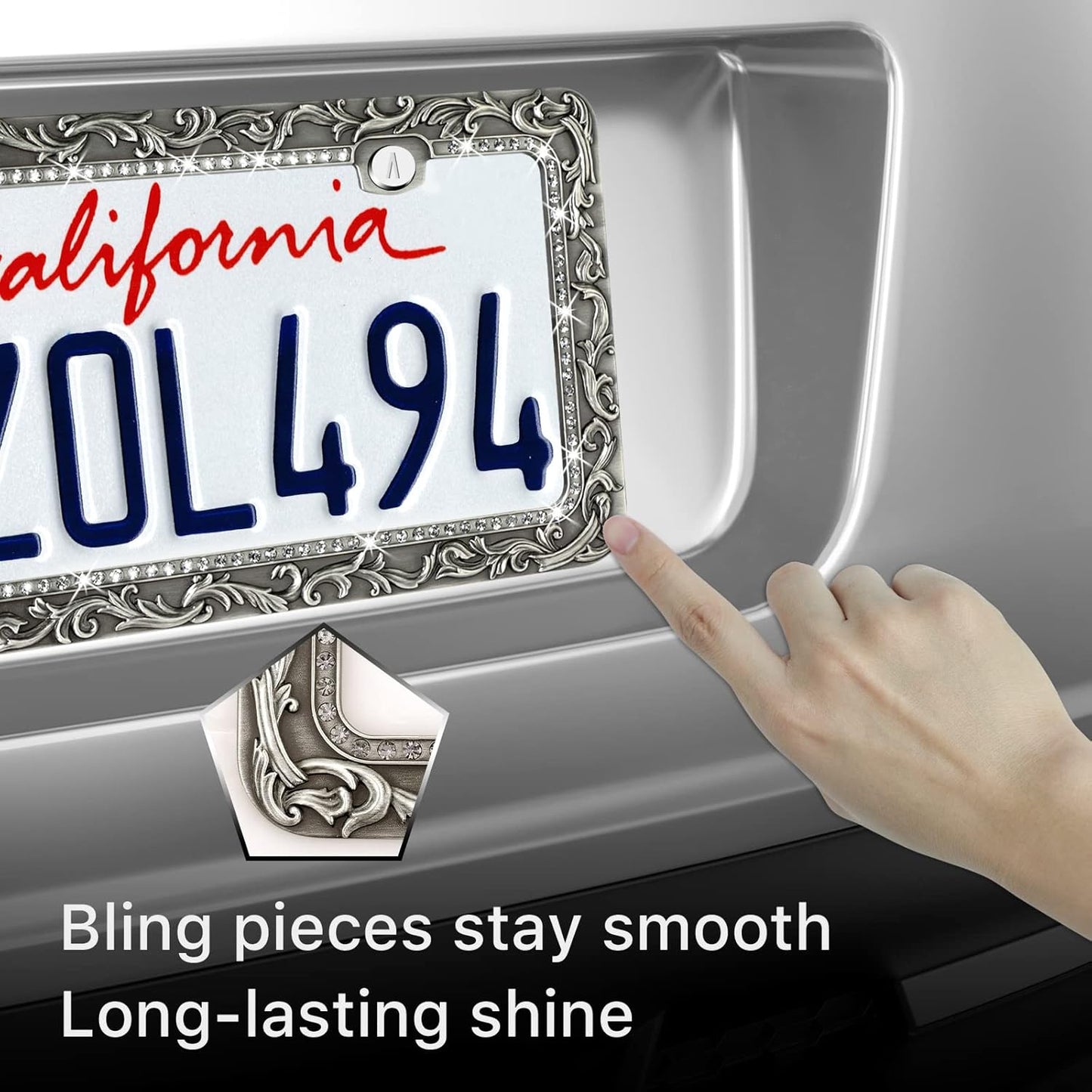 Valor Metal Car License Plate Frames,Antique Old Pattern Printing, Bling Crystal Rhinestones Inlaid,Universal 2 Holes Automotive Replacement Parts Plate Holder(2 Pack)