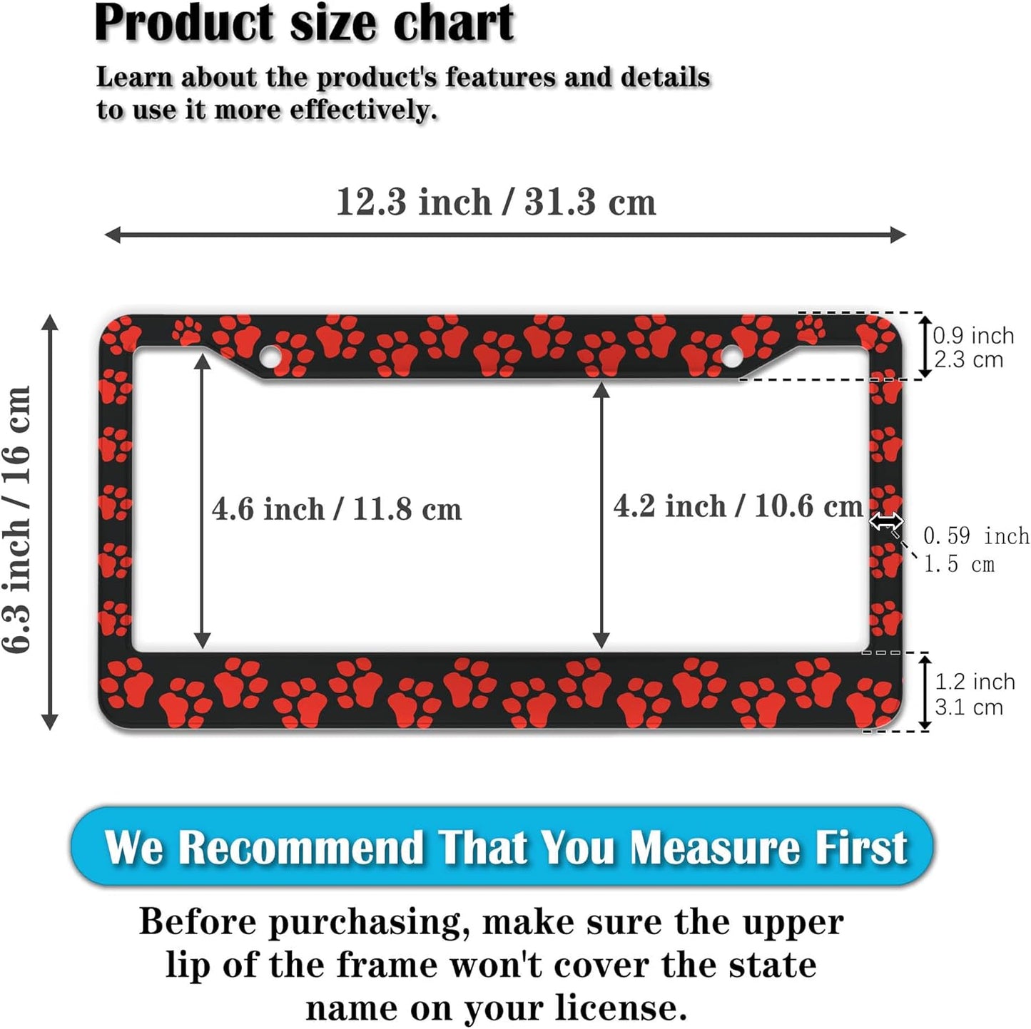 Custom License Plate Frame Black and Red License Plate Frames Animal Dog Paw Aluminum Metal Car Accessory 2 Pack with Screw Covers Set