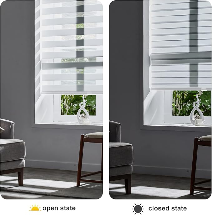 Persilux Zebra Blinds for Windows, Dual Layer Zebra Roller Shades (45" W x 72" H, White) Light Filtering Sheer Shades, Easy to Install, Cordless Room Darkening Roller Blinds for Office