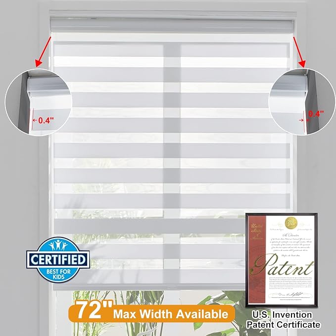 Persilux Cordless Zebra Blinds for Windows, Free-Stop Room Darkening Window Blinds (26" W x 72" H, White) Light Control for Day and Night, Privacy Protection Window Treatments Roller Shades for Home
