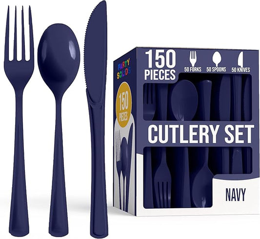 Party Solids Dark Purple Plastic Silverware Heavy Duty 150 Pcs Dark Purple Plastic Cutlery Sets, Utensil Sets, 50 Of Each Forks, Knives & Spoons Disposable Cutlery Set, Flatware Set For Party Supplies