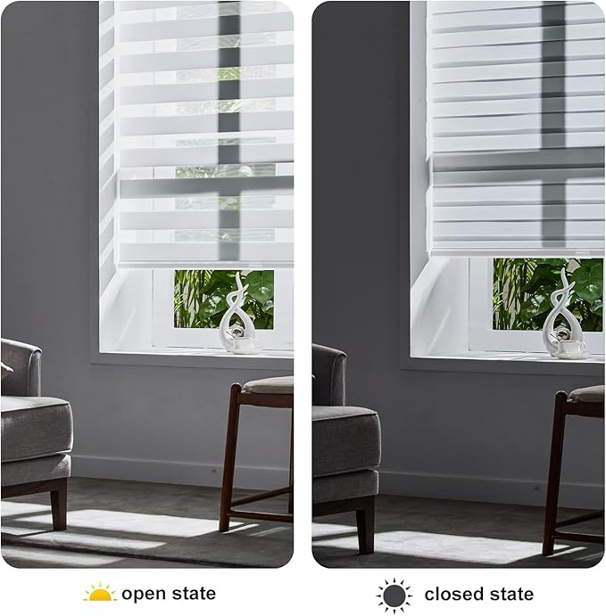 Persilux Cordless Zebra Blinds for Windows Free-Stop Roller Shades for Windows (33.5" W x 72" H, White) Dual Layer Window Treatments Room Darkening Roller Blinds for Home, Office and Kitchen